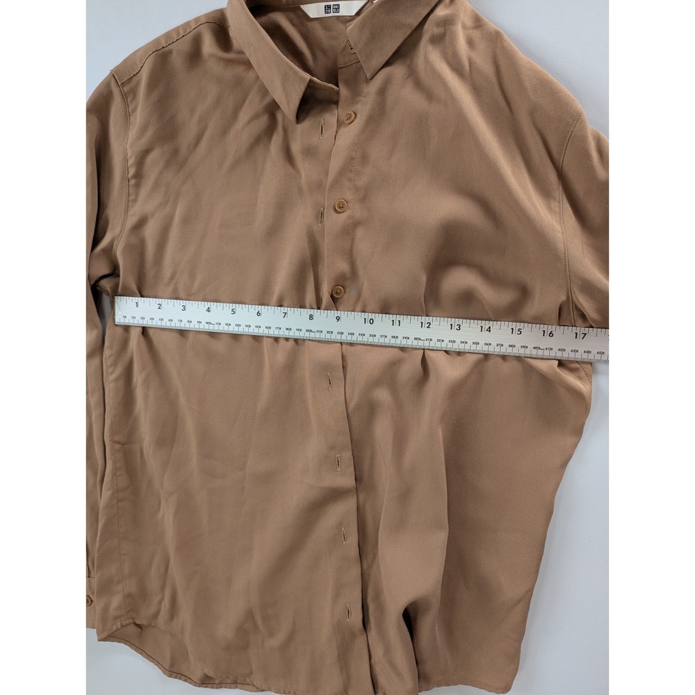 UNIQLO Camel Button Down Blouse Women Medium Rayon Blend Long Sleeve - Picture 6 of 6
